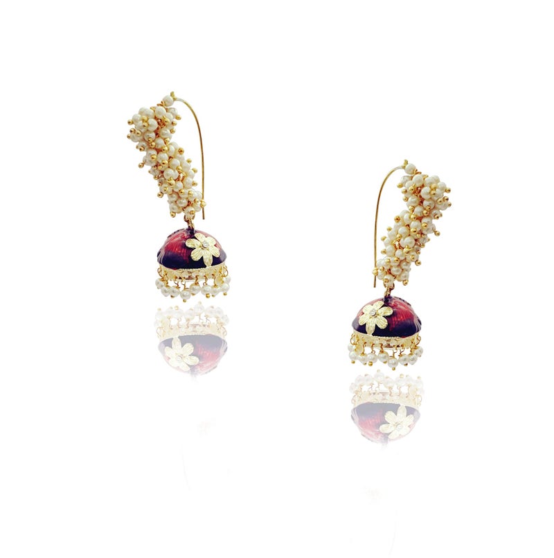 Moonstruck Golden Meenakari Jhumkas With White Pearls For Women (Green) (Maroon) - Image 5
